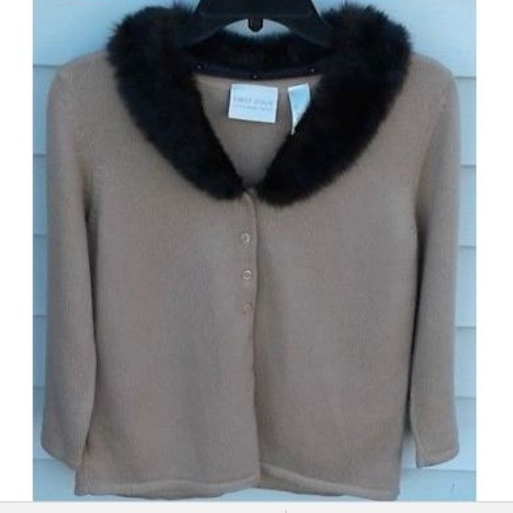 Liz Claiborne Sweater Cardigan Fur Collar Vintage